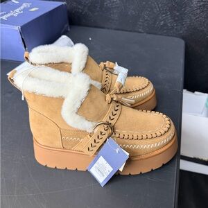 Chestnut Suede Platform Moccasin Boots with Faux Shearling Trim